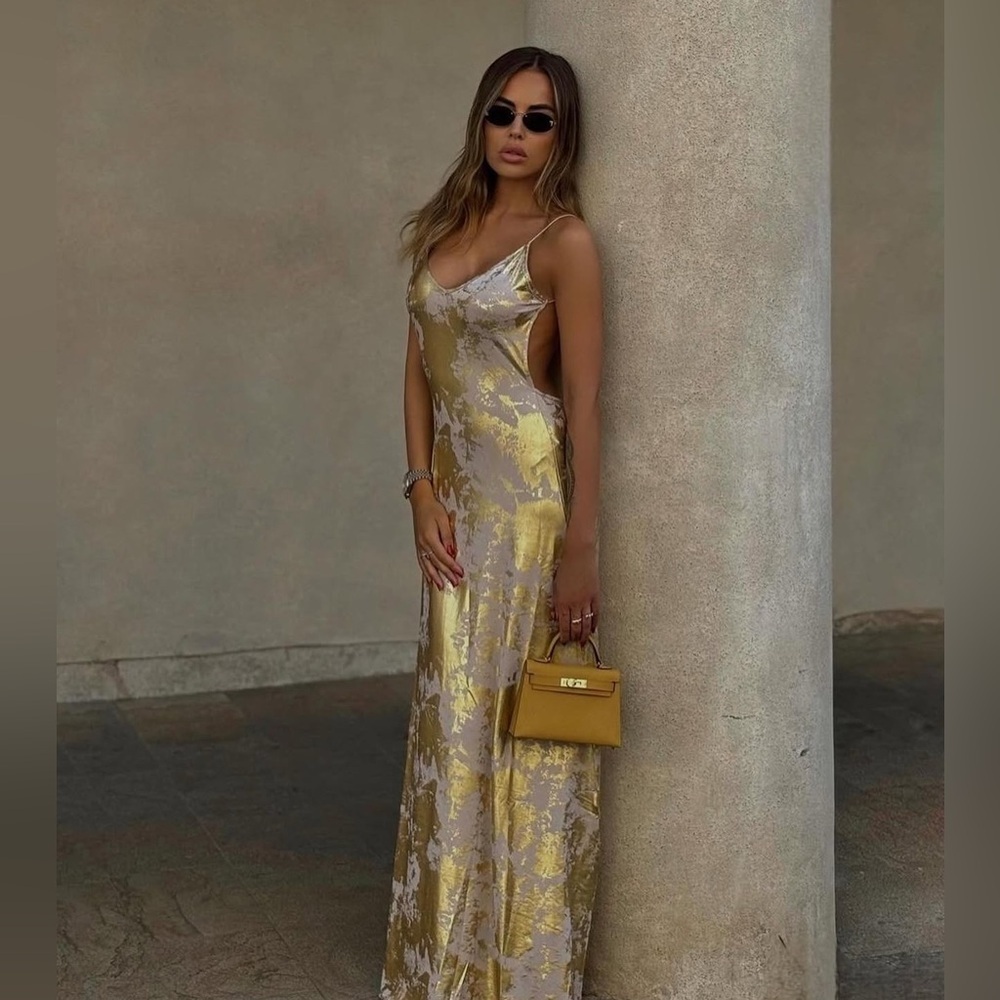Metallic Print V-Neck Backless Slip Long Dress Commense CM4 size XS - Picture 9 of 9